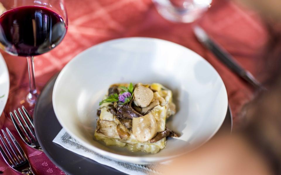 Piatto di pasta con funghi e bicchiere di vino rosso.